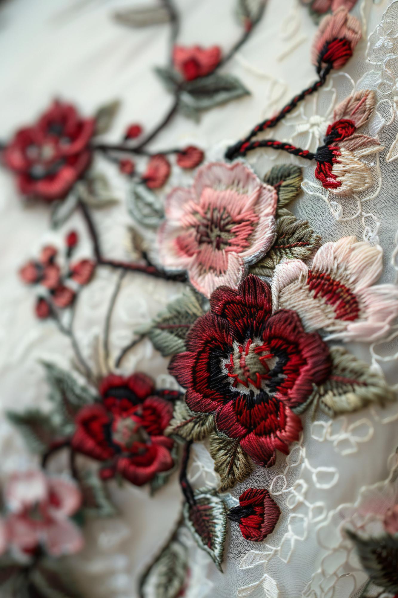 Piesă mare cu broderie florală suprapusă pe mătase