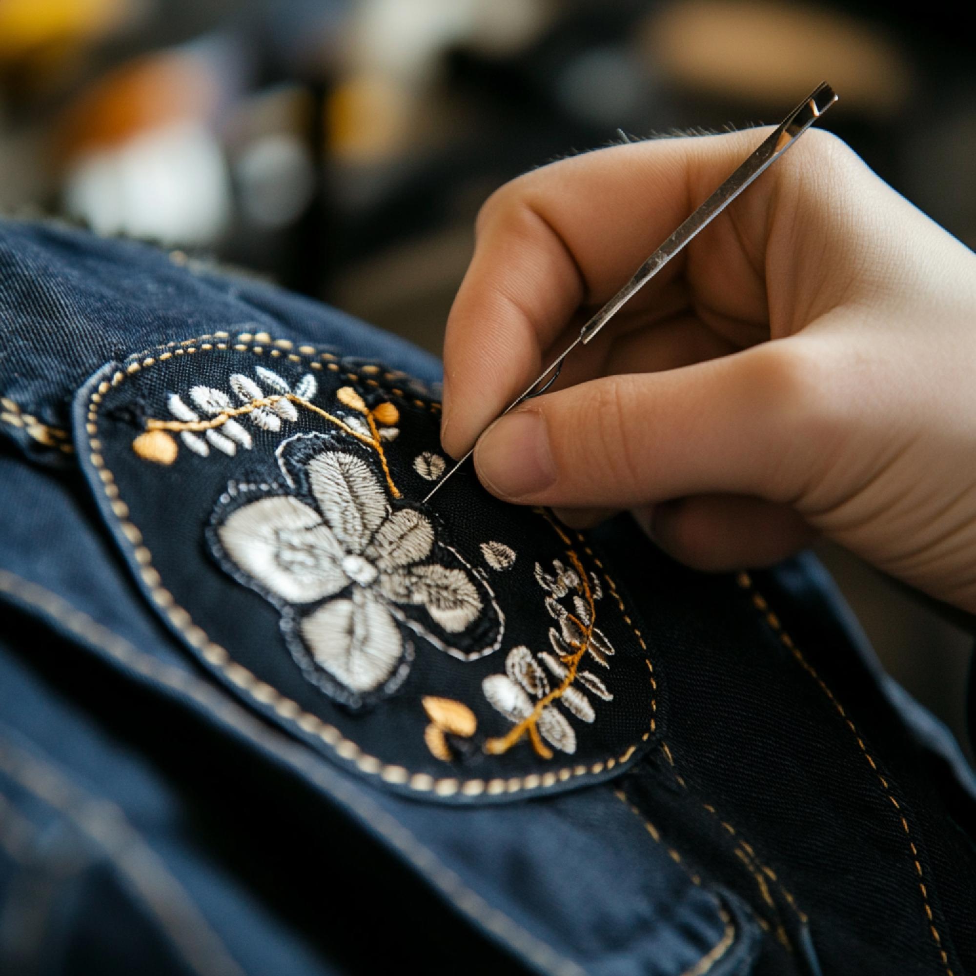 Port-retus brodat pe denim pentru colecție fashion